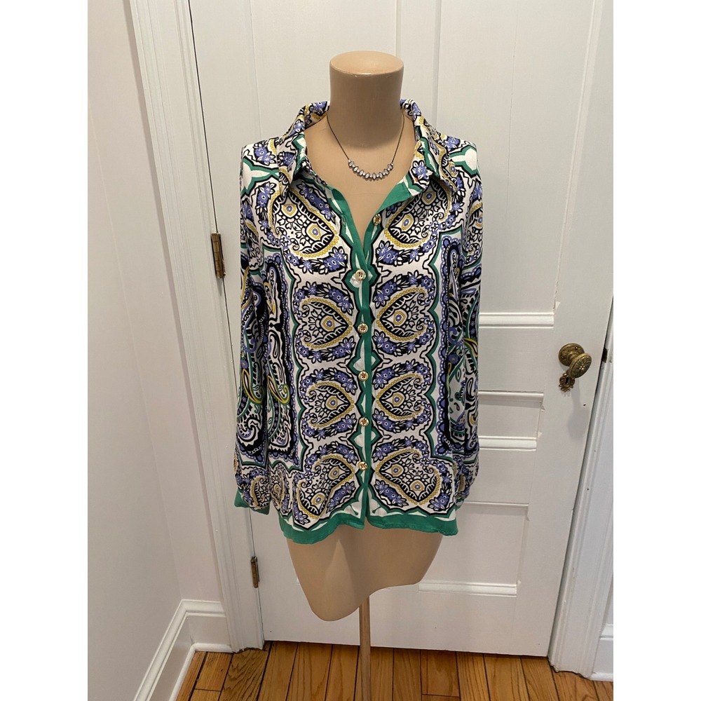 Rose &‎ Thyme Green Paisley Button Down Blouse Long Sleeve Gold Buttons Size L